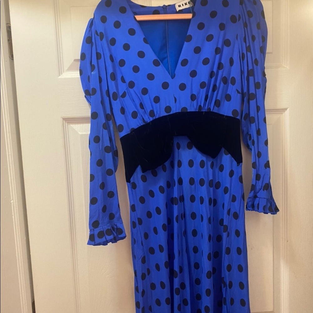 RIXO LONDON Eloise Velvet Polka Dot MIDI Blue Dress Small Bow Party Rare Bias - Picture 7 of 9